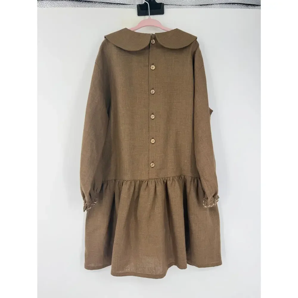 Hand Made 100% Linen Girls 7/8yo Boho Dress Embroidered Long Sleeve Cottagecore